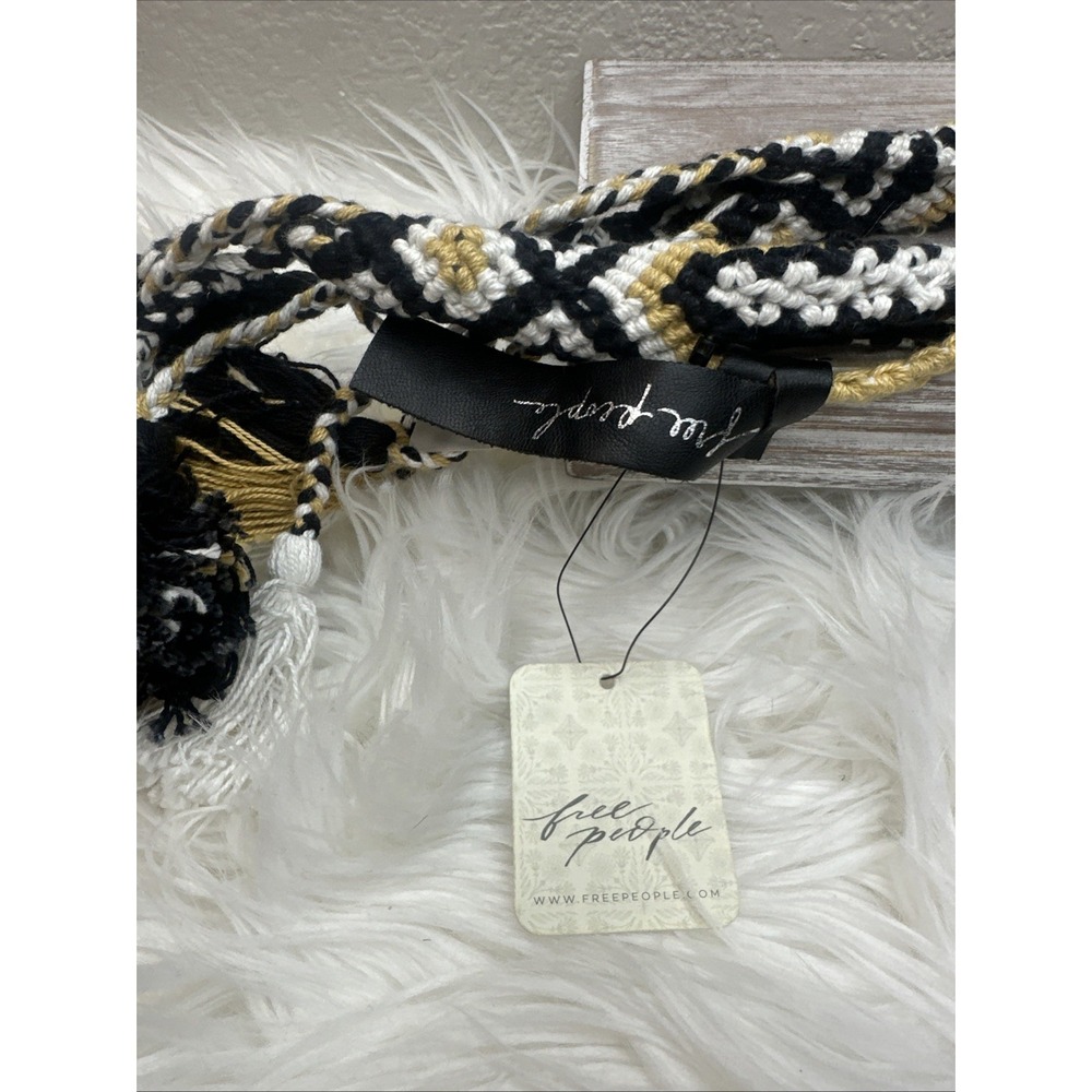 $63 🌙 Free People Belt Boho Embroidered BLACK Tan NEW FAST‎ SHIPPER TASSLE